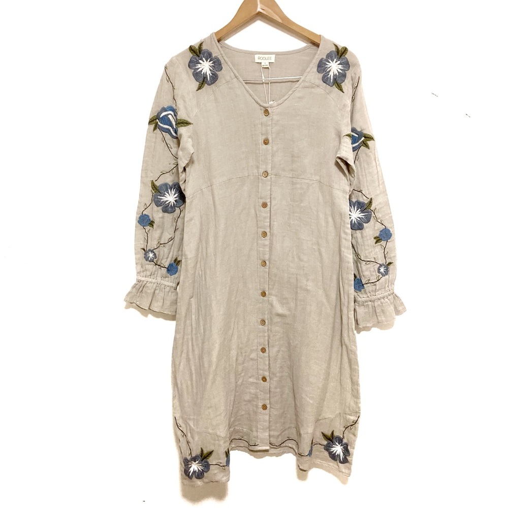 Roolee Cream Midi Dress with Blue Floral Embroidery - Picture 2 of 11